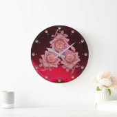 旧式なカメオ/美しいピンクのバラ、赤いバーガンディ ラージ壁時計 (ホーム)