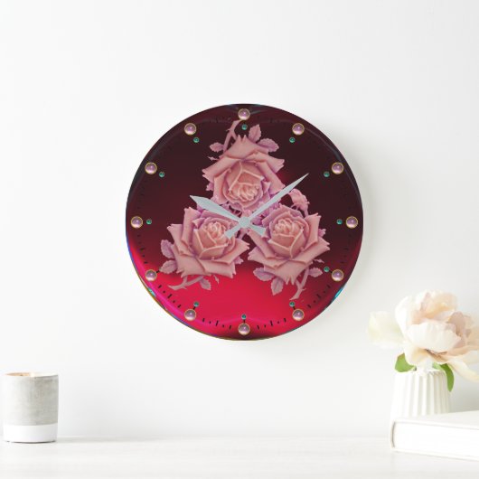 旧式なカメオ/美しいピンクのバラ、赤いバーガンディ ラージ壁時計 (ホーム)