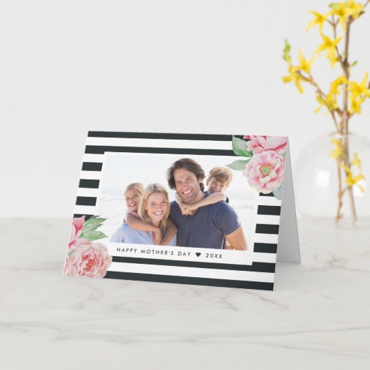 旧式なシャクヤクの木炭ストライプ|の母の日の写真 カード (黄色い花)