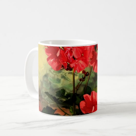 旧式なスタイルの赤いゼラニウムによってはギフトが開花します コーヒーマグカップ (正面左)
