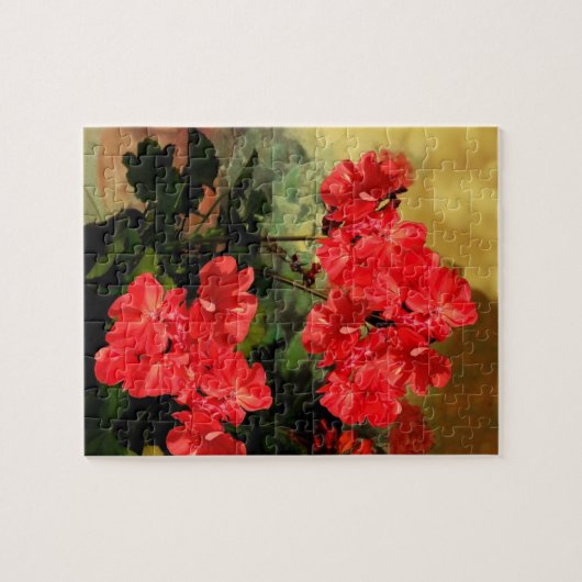 旧式なスタイルの赤いゼラニウムによってはギフトが開花します ジグソーパズル (横)