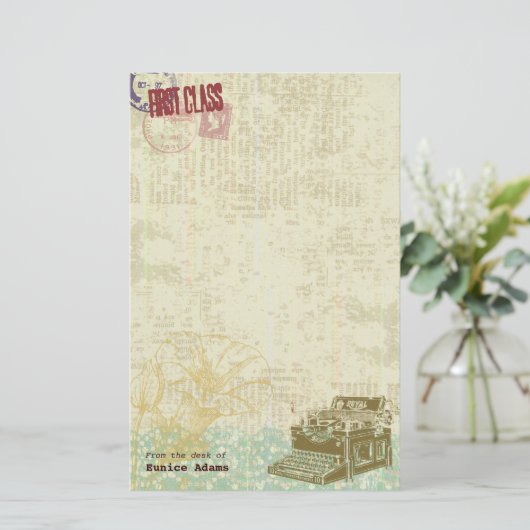 旧式なタイプライターのヴィンテージの短命なもののコラージュ 便箋 (スタンド正面)