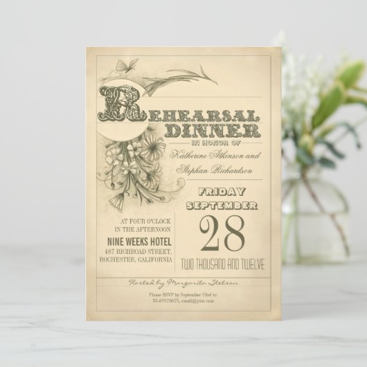 旧式なタイポグラフィのリハーサルの夕食の招待状 招待状 (スタンド正面)