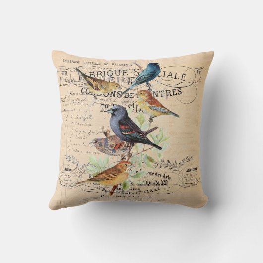 旧式なタイポグラフィのヴィンテージの鳥 クッション (裏面)