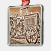 旧式なトラクターの農機具のクラシックのセピア色 メタルオーナメント (左)