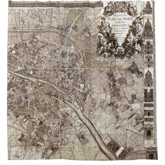 旧式なパリの地図の1728年の建築のヴィンテージフランス シャワーカーテン (正面)