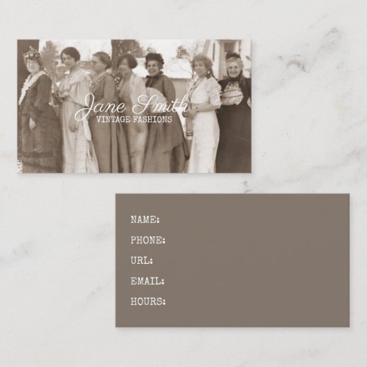 旧式なファッションのファンシーな女性衣類のセピア色のレトロ 名刺 (正面/裏面)