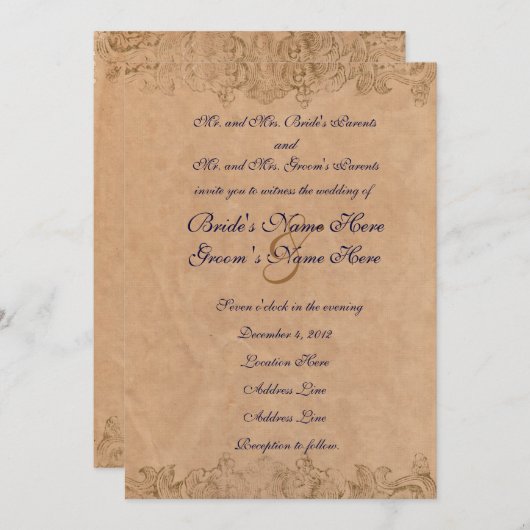 旧式なボーダー羊皮紙の結婚式招待状 招待状 (正面/裏面)
