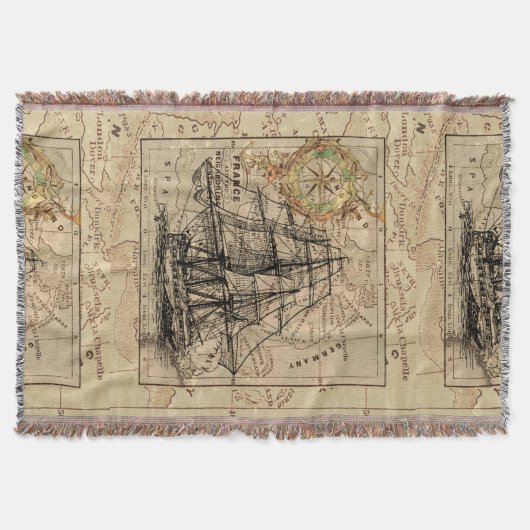 旧式なヨーロッパの地図の船の帆航海のな海兵隊員 スローブランケット (正面)
