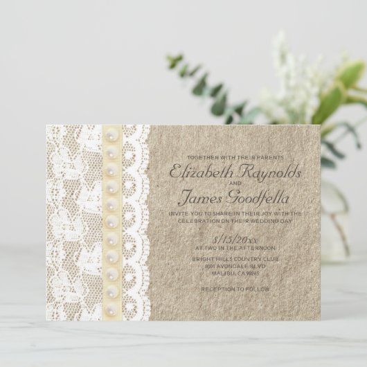 旧式なレースおよび真珠の結婚式招待状 招待状 (スタンド正面)