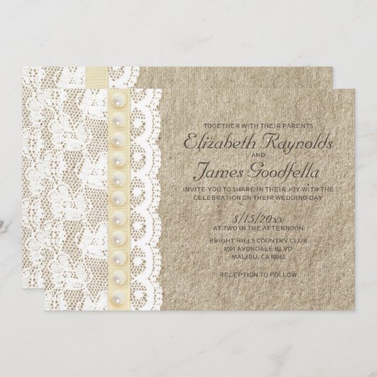 旧式なレースおよび真珠の結婚式招待状 招待状 (正面/裏面)