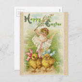 旧式なヴィンテージのイースター女の子及びひよこの挨拶 シーズンポストカード (正面/裏面)
