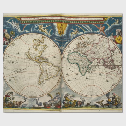 旧式な世界地図- Blaeu、ジョアン1664年 ラッピングペーパー (フラット)
