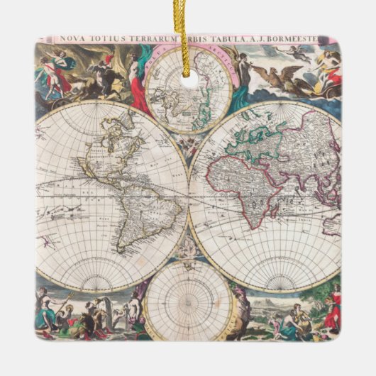 旧式な二重半球の世界地図 セラミックオーナメント (正面)