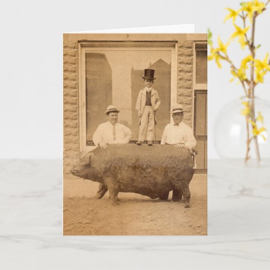 旧式な写真のブタとのユーモアのあるな誕生日の挨拶 カード (黄色い花)