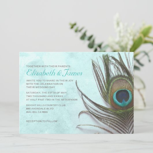 旧式な孔雀の羽の結婚式招待状 招待状 (スタンド正面)