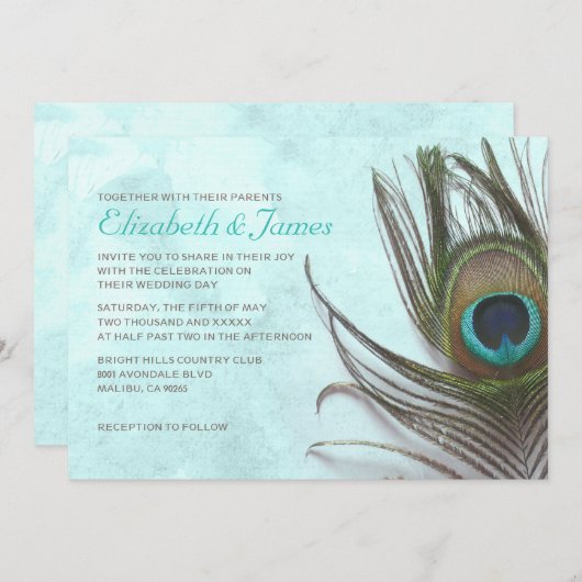 旧式な孔雀の羽の結婚式招待状 招待状 (正面/裏面)