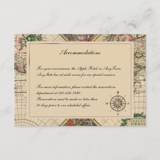 旧式な旧世界の地図の結婚式の挿入物 エンクロージャーカード (正面)