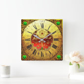 旧式な時間、シャムロック、ルビー色の宝石用原石の金ゴールドの黄色 スクエア壁時計 (ホーム)