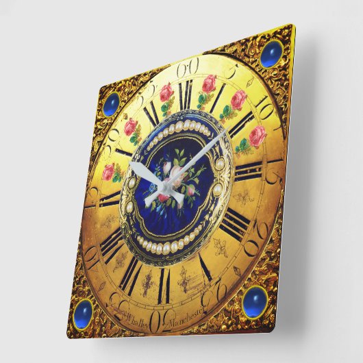 旧式な時間、ピンクのバラ、真珠、青い宝石用原石 スクエア壁時計 (傾斜)