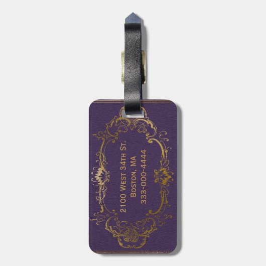 旧式な紫色のレザールックの荷物のラベル ラゲッジタグ (裏面縦)