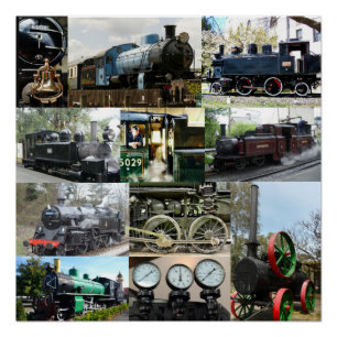 旧式な蒸気機関のロコモーティブの列車のコラージュ ポスター