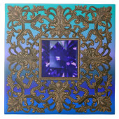 旧式な金ゴールドおよびサファイアの孔雀 タイル (正面)