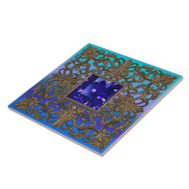 旧式な金ゴールドおよびサファイアの孔雀 タイル