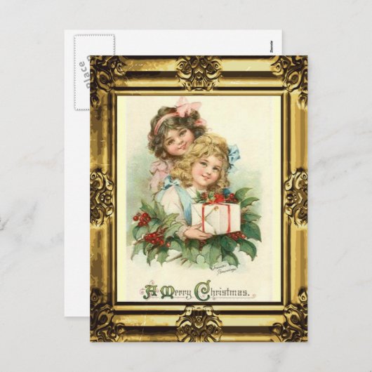 旧式な金ゴールドフレーム"メリークリスマス"のヴィンテージの女の子 シーズンポストカード (正面/裏面)