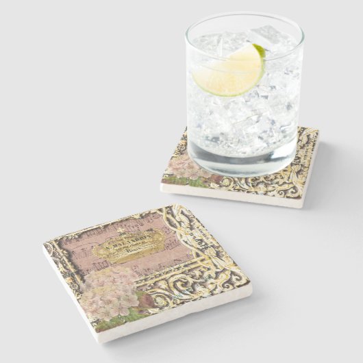 旧式な音楽フランスのな金ゴールドの王冠のコラージュ ストーンコースター (横)