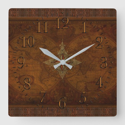 旧式なSteampunkのコンパス面図及び旧世界の地図 スクエア壁時計 (正面)