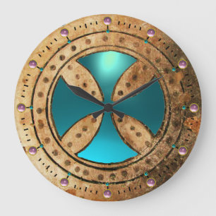 旧式なTEMPLARの十字の水の青の宝石 ラージ壁時計