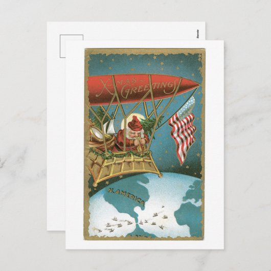 旧式のクリスマス、サンタは飛行船で得ます シーズンポストカード (正面/裏面)