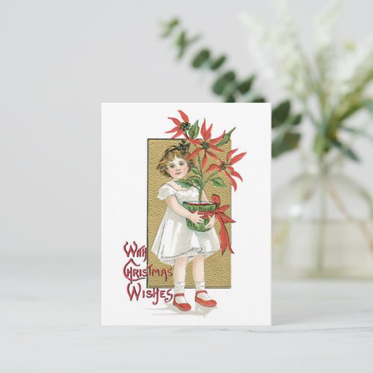 旧式のクリスマス、ポインセチアを握っている女の子 シーズンポストカード (スタンド正面)