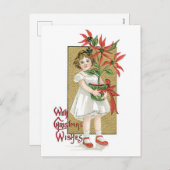 旧式のクリスマス、ポインセチアを握っている女の子 シーズンポストカード (正面/裏面)