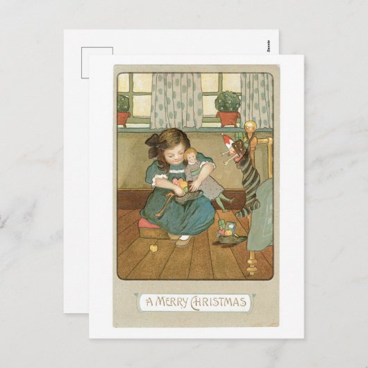 旧式のクリスマス、人形を持つ女の子 シーズンポストカード (正面/裏面)