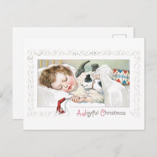 旧式のクリスマス、子犬と眠っている女の子 シーズンポストカード (正面/裏面)