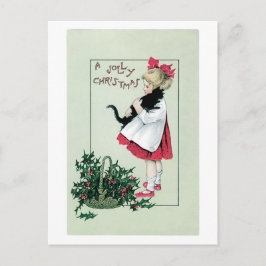 旧式のクリスマス、黒猫を握っている女の子 シーズンポストカード