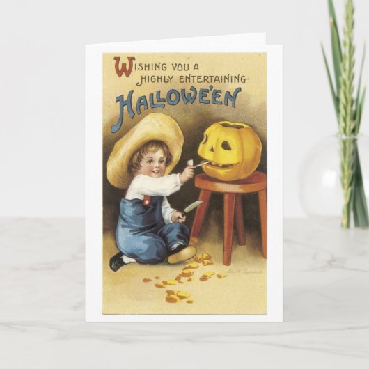 旧式のハロウィンの男の子はジャッキo'のランタンを作ります カード (正面)