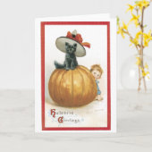 旧式のハロウィンの魔法使い猫 カード (黄色い花)