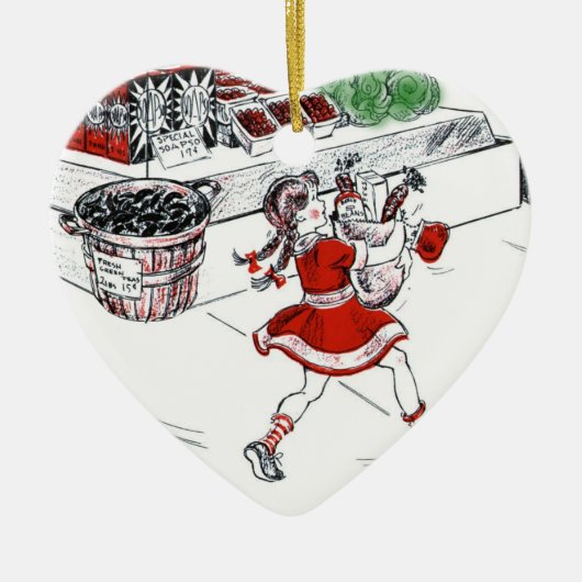 旧式の食料雑貨品店および小さな女の子 セラミックオーナメント (正面)