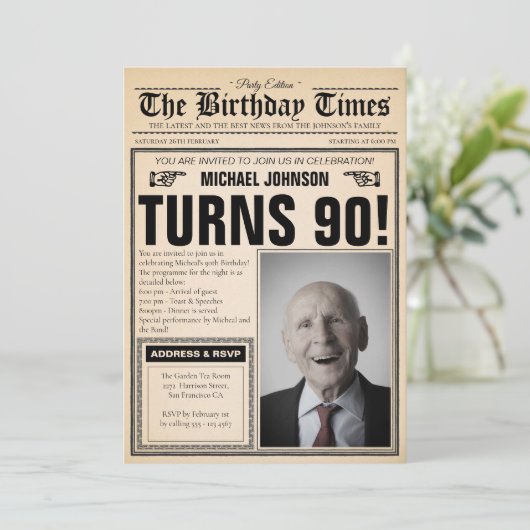 旧新聞おもしろいカスタム写真90th誕生日パーティー 招待状 (スタンド正面)