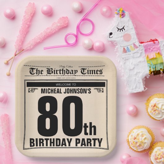 旧新聞おもしろい80thバースデーパーティーカスタム ペーパープレート (パーティー)