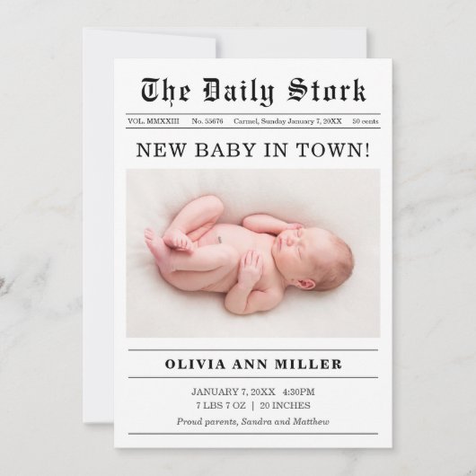 旧新聞スタイル生誕発表証 案内状 (正面)