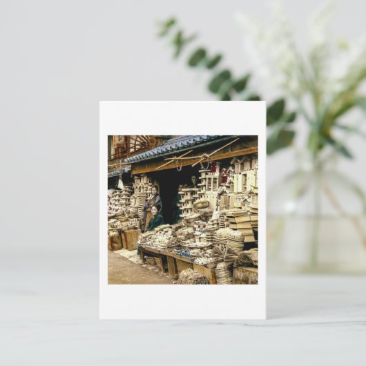 旧日本で正月の飾り付けをヴィンテージ シーズンポストカード (スタンド正面)