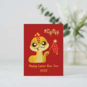 旧正月の花火付きかわいいマンガのヘビ シーズンポストカード (スタンド正面)