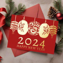 旧正月モダン金ゴールドドラゴンランタン 箔シーズンカード