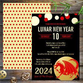 旧正月2024レッドドラゴンブラックモダン金ゴールド 箔招待状