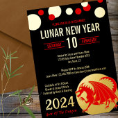 旧正月2024レッドドラゴンブラックモダン金ゴールド 箔招待状