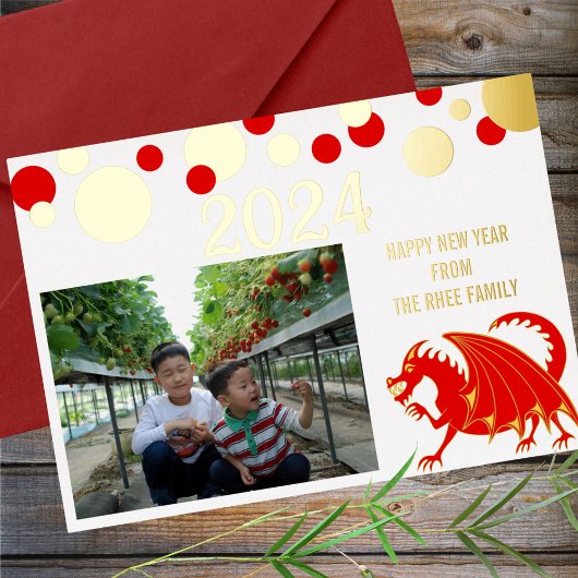 旧正月2024 Red Dragonあなたの写真金ゴールドを追加 箔シーズンカード